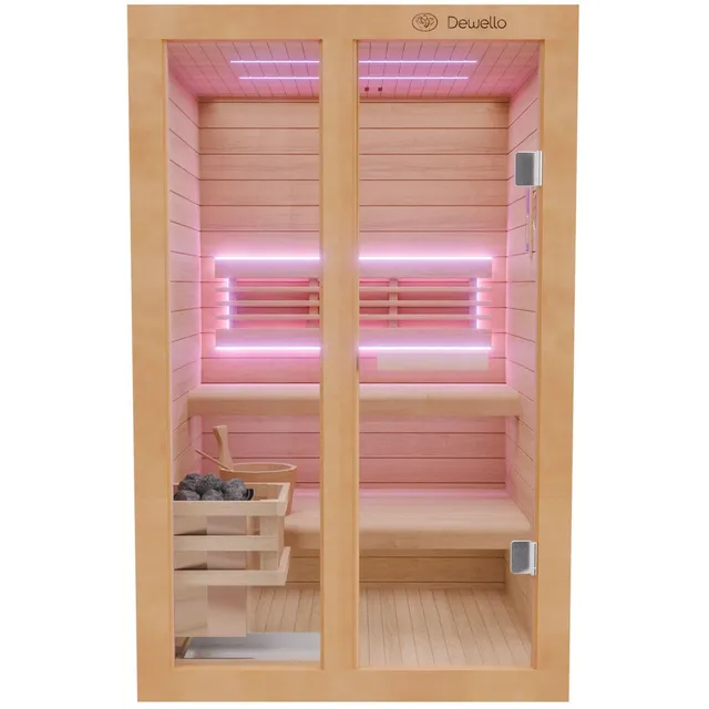 dewello-tofino-120x140-finnische-sauna-aus-hemlock-tannenholz-mit-3-5-kw-harvia- image 1